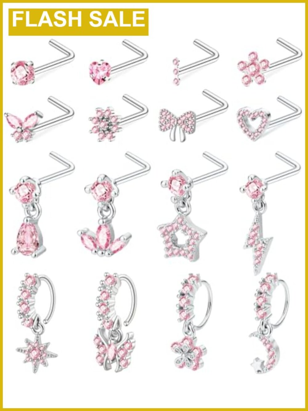 20G Surgical Steel L Shaped Dangle Nose Rings CZ Heart Star Butterfly